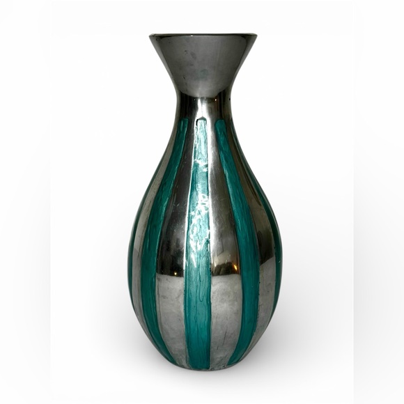 Handcrafted Aluminum & Enamel Decorative Vase 10” Silver Teal Made In India Boho - Picture 2 of 3